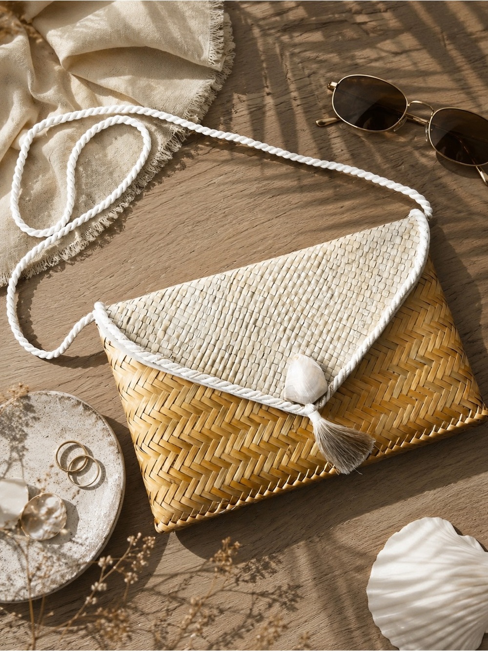 Vintage Woven Straw Wicker Crossbody Bag Seashell Beach Style Summer Purse